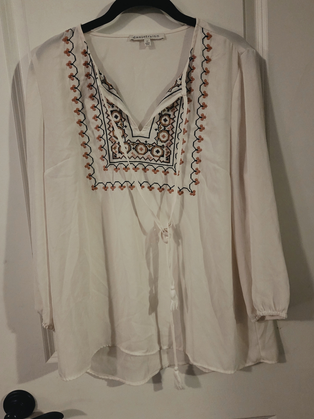Daniel Rainn Cream Boho Embroidered Tunic Top